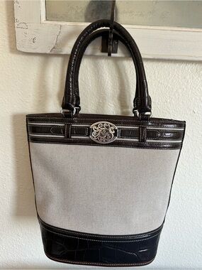 Brighton Woven Canvas Tote Brown Croc Leather Trim EEUC Dust Bag Included